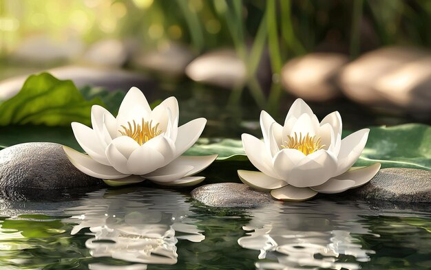 Beautiful white water lilies bloom serenely on calm water surrounded by smooth stones in a tranquil pond during midday sunlight