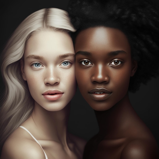 Beautiful white woman stand together with beautiful black woman 3d illustrated