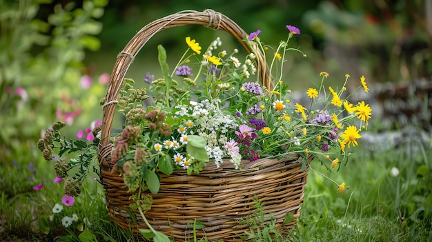 A beautiful wicker basket filled with colorful wildflowers sits on the grass The flowers are in full bloom and the colors are vibrant