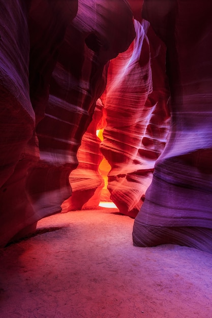 Beautiful wide angle view of amazing sandstone formations in famous Antelope Canyon on a sunny day with blue sky near the old town of Page at Lake Powell