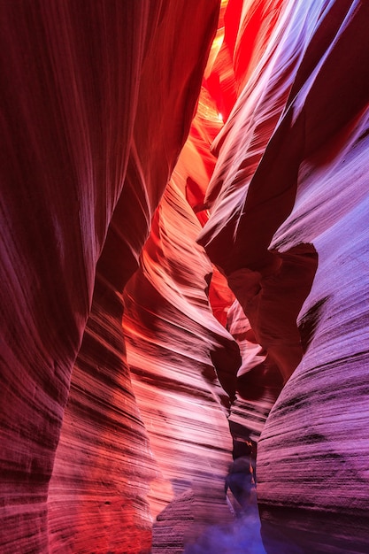 Beautiful wide angle view of amazing sandstone formations in famous Antelope Canyon on a sunny day with blue sky near the old town of Page at Lake Powell