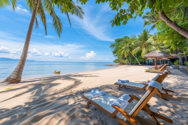 A beautiful wide open sandy beach with beach beds summer concept