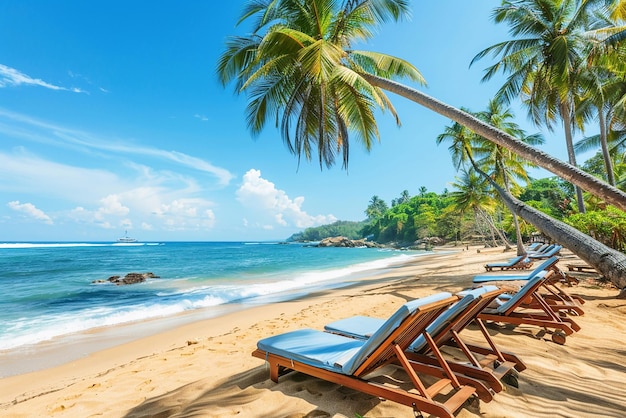 A beautiful wide open sandy beach with beach beds summer concept