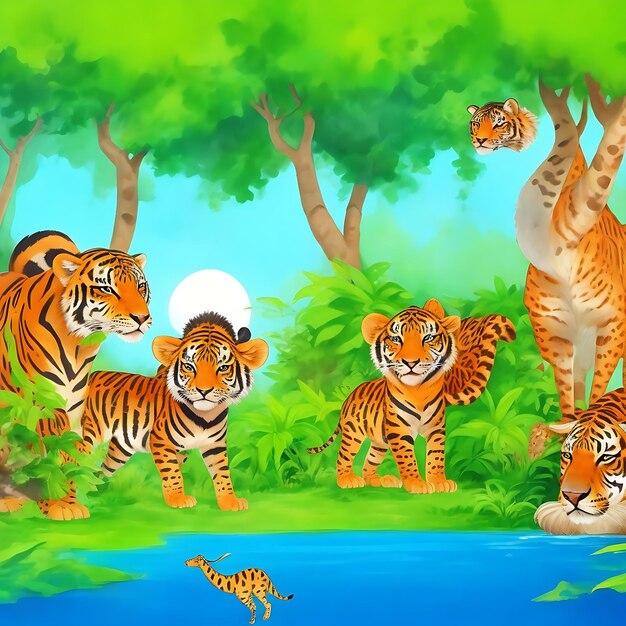 Beautiful wild animals in beside the jungle lake