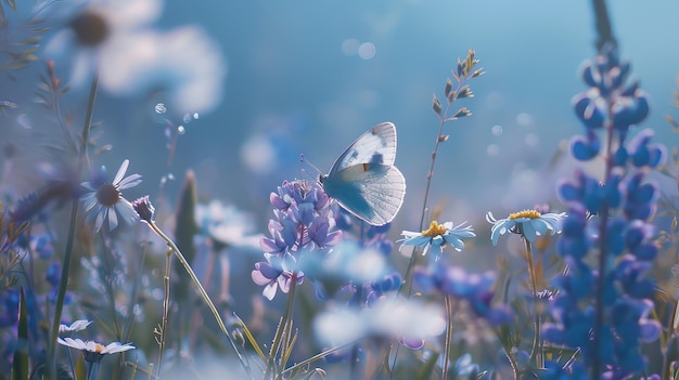 Beautiful wild flowers chamomile purple wild peas butterfly in morning haze in nature closeup macro Landscape wide format copy space cool blue tones Delightful pastoral airy artistic image