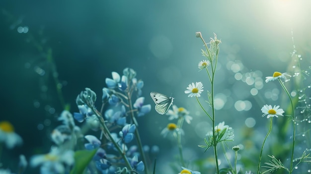 Beautiful wild flowers chamomile purple wild peas butterfly in morning haze in nature closeup macro Landscape wide format copy space cool blue tones Delightful pastoral airy artistic image