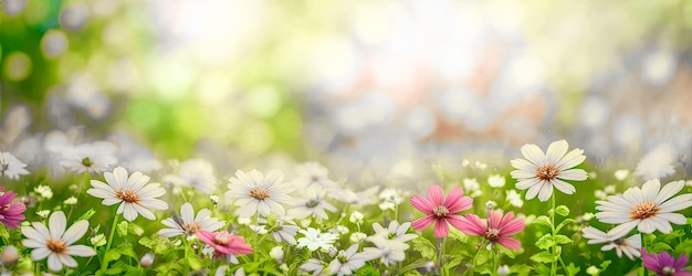 Beautiful wild flowers chamomile purple wild peas morning haze in nature closeup macro Landscape wide format copy space cool blue tones Delightful pastoral airy artistic image Generative AI