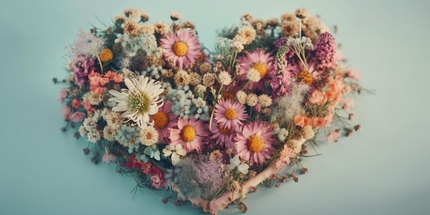 Beautiful wild flowers in the shape of a heart on a pastel background Generative AI