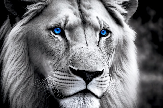 Beautiful wild lion with blue eyes black and white portrait