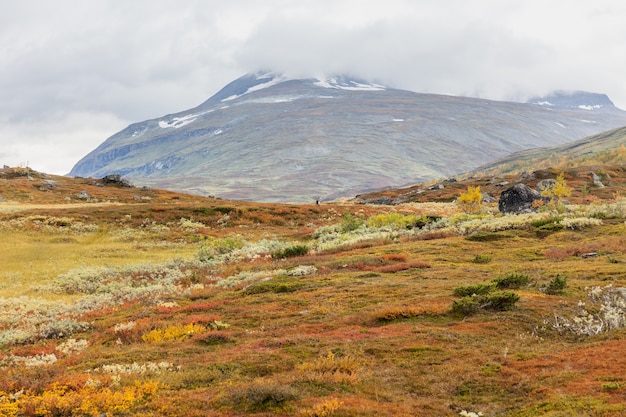 Beautiful wild nature of Sarek national park in Sweden Lapland with snow capped mountain peaks