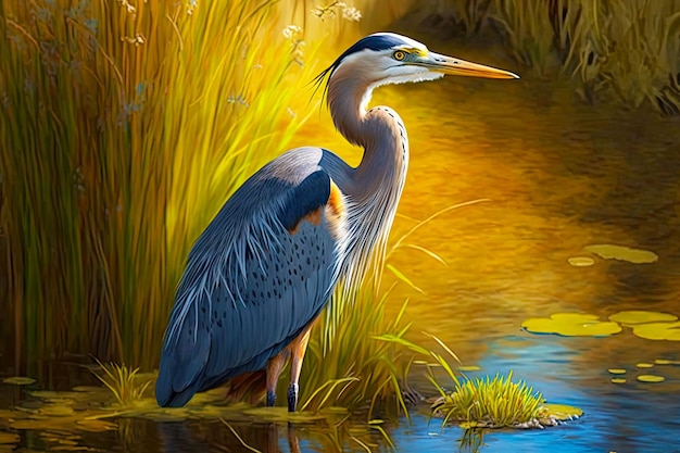 Beautiful wildlife heron with blue plumage in sunny clearing generative ai