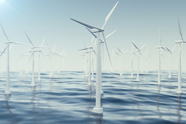 Photo beautiful the wind turbines in sea, ocean. clean energy, wind energy, ecological concept. 3d rendering