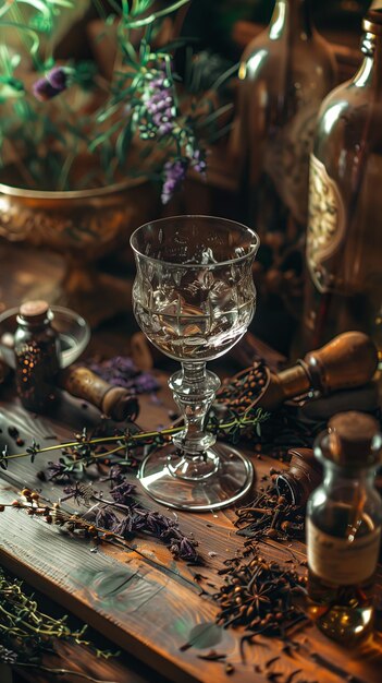 Beautiful wine glass on background of herbs and bottles High resolution