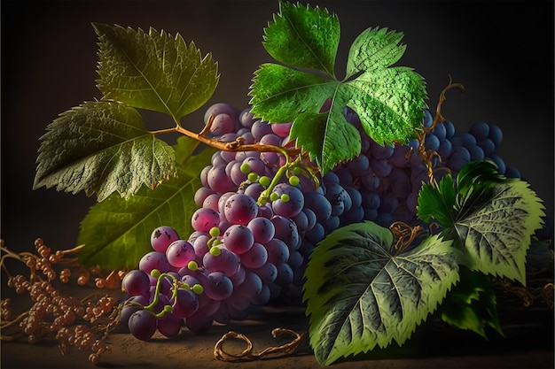 beautiful wine grapes with leaves closeup view