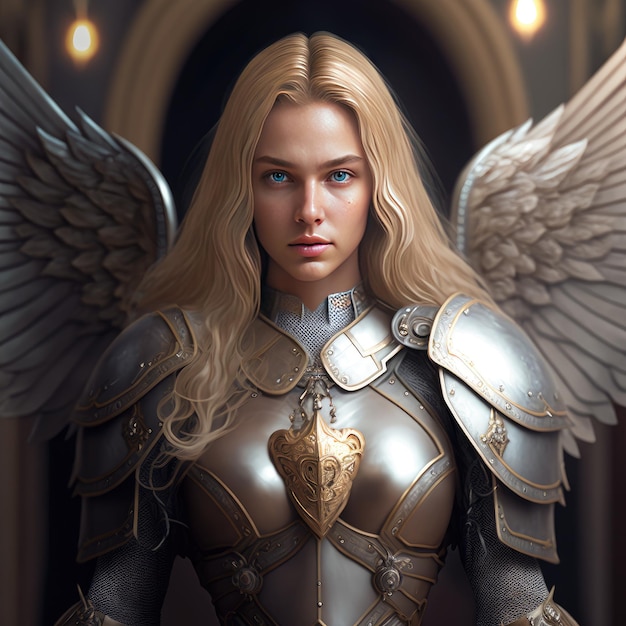 Beautiful winged warrior woman wearing silvered armor Imaginary character Generative AI