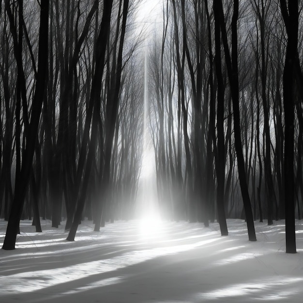 Beautiful winter forest with trees covered with snow and sunbeams