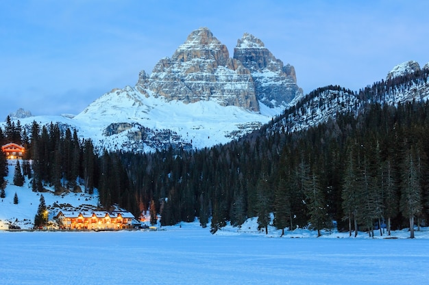 Beautiful winter frozen up Alpine lake Misurina view at Auronzo di Cadore Italy