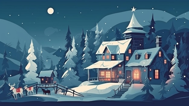 Beautiful winter home mountaintop Christmas tree and Santa Claus pulling a sleigh loaded with presents GENERATE AI