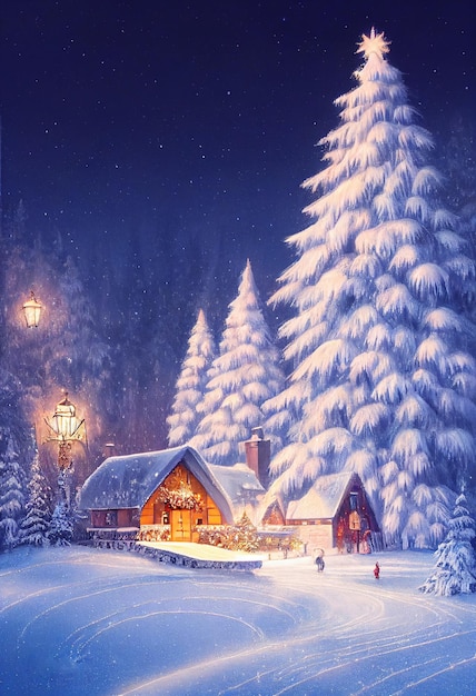 Beautiful winter house and christmas tree on the mountain