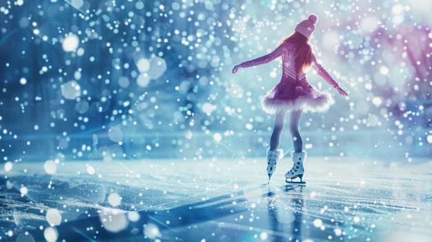 Beautiful Winter Ice Skating Scene A person gracefully ice skating amidst a snowfall Vibrant blue and white tones enhance the winter wonderland Perfect for holiday and seasonal themes AI