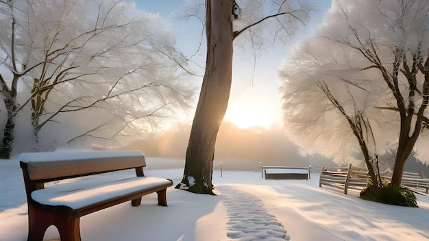 Photo beautiful winter landscape frosty footpath snowcovered tree and bench background