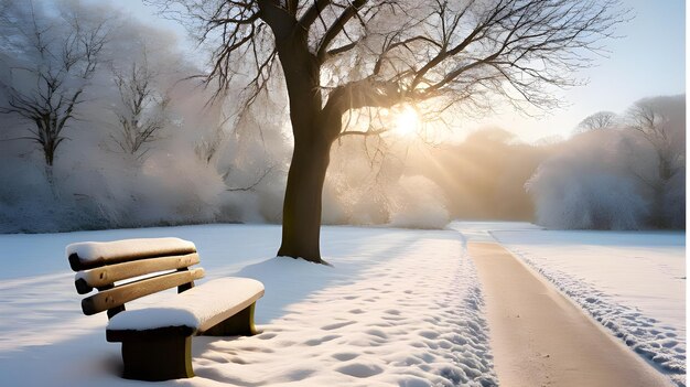 Photo beautiful winter landscape frosty footpath snowcovered tree and bench background