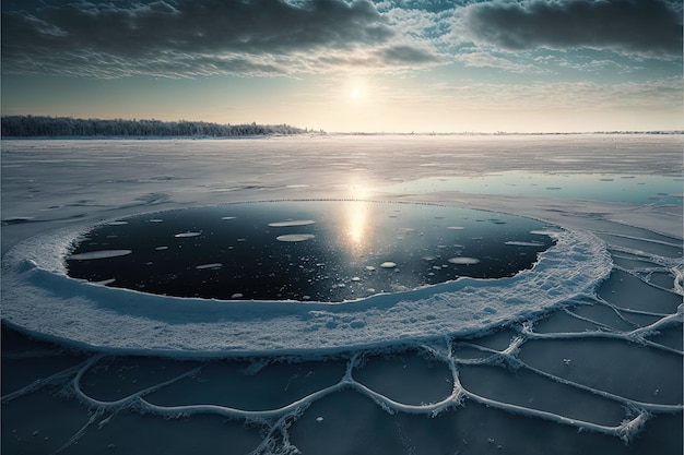 Beautiful winter landscape image with frozen lake and forest Generative Ai