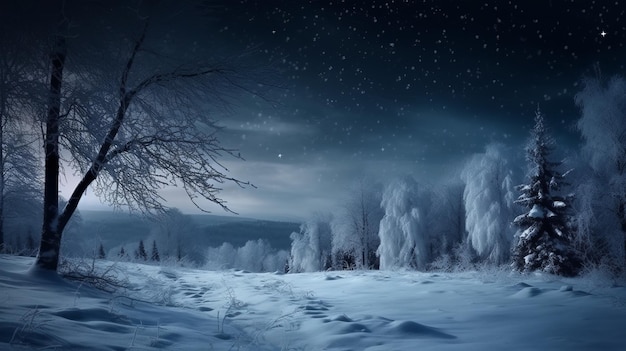 Beautiful winter landscape tree mountains and the moon photorealistic AI generated