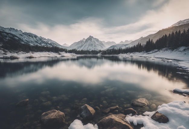 Beautiful winter landscape with frozen lake and snowy mountains