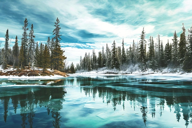 Beautiful winter landscape with frozen mountain river and coniferous forest