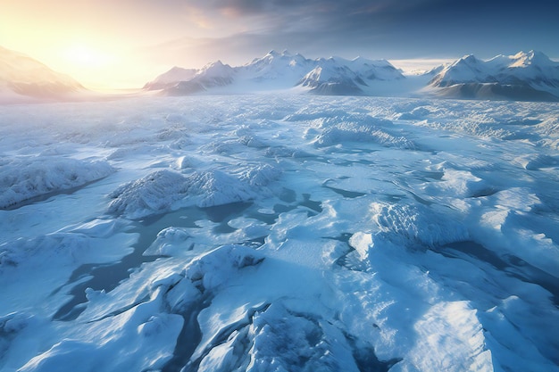 Beautiful winter landscape with icebergs in the sea at sunset