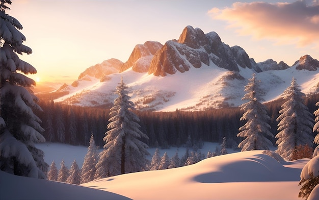 Beautiful winter landscape with a lake in the mountains