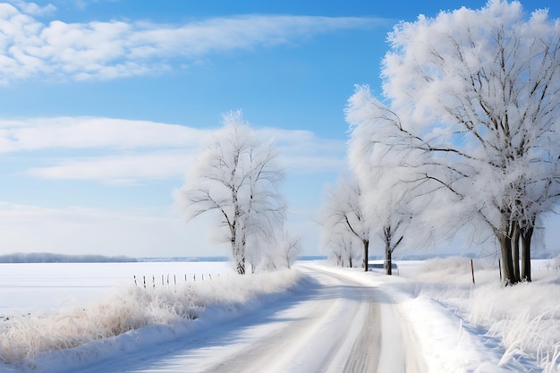 Beautiful winter landscape with road and trees covered with hoarfrost