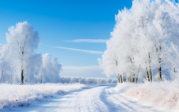 Beautiful winter landscape with road and trees covered with hoarfrost