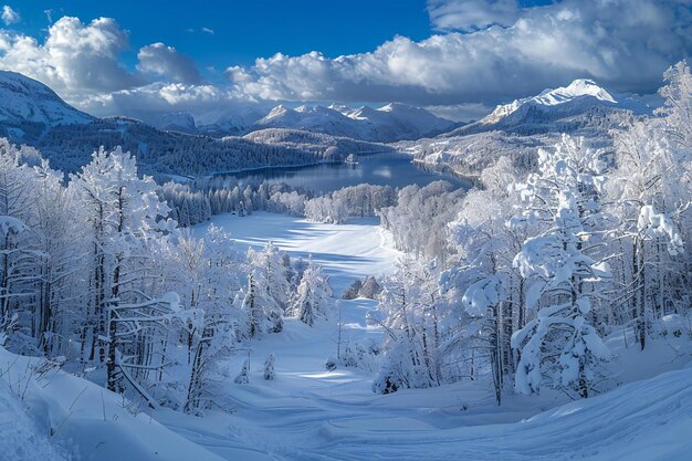 Beautiful winter landscape with snowcovered forest and lake in the distance blue sky with clouds