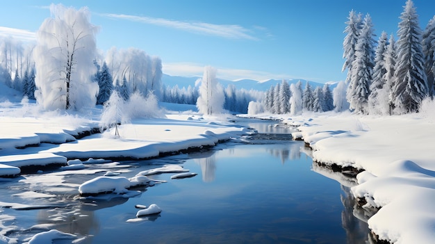 Beautiful winter landscape with snowy fir trees and lake at sunrise