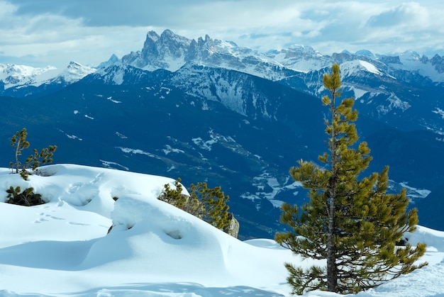 Beautiful winter mountain landscape. View from Rittner Horn (Italy) on  Puez Geislergruppe