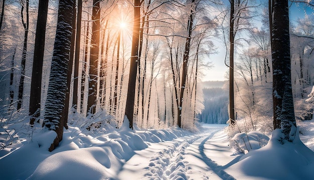 Beautiful winter scenery in a forest surrounded