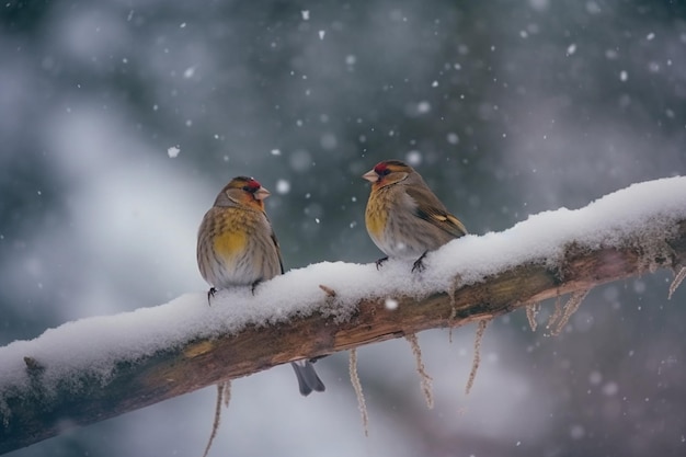 Beautiful winter scenery with European Finch birds perched on the branch within a heavy snowfall