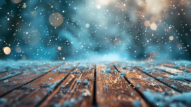 Photo beautiful winter snowy blurred defocused blue background and empty wooden flooring flakes of snow fall and sparkle on light copy space