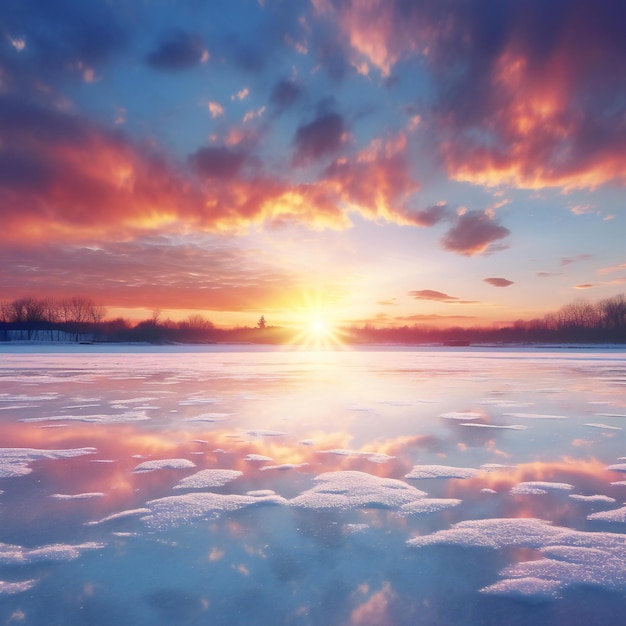 Beautiful winter sunset over frozen lake Colorful sky with clouds