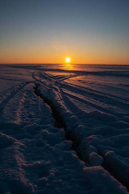 Beautiful winter sunset on the Volga River