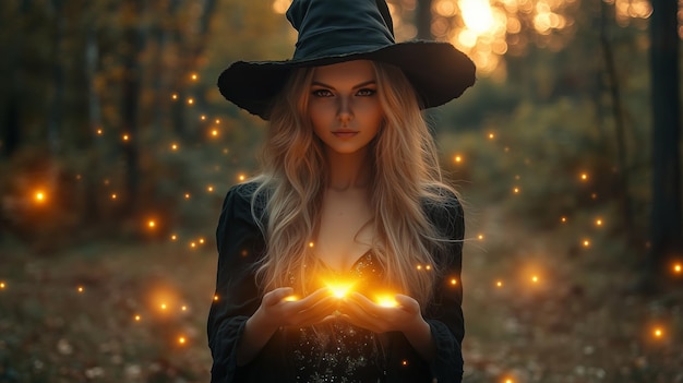 Photo a beautiful witch casting glowing magic in the forest