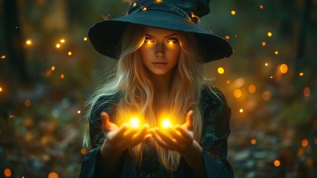 Photo a beautiful witch casting glowing magic in the forest