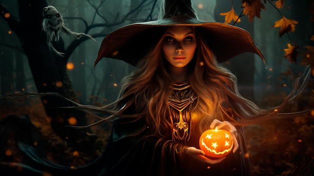 beautiful witch in the forest with pumpkin Generative AI