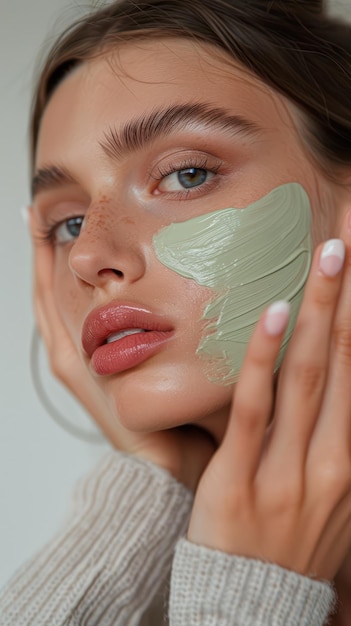 Beautiful woman applies green face mask to cheek wearing white sweater long dark hair Rests left