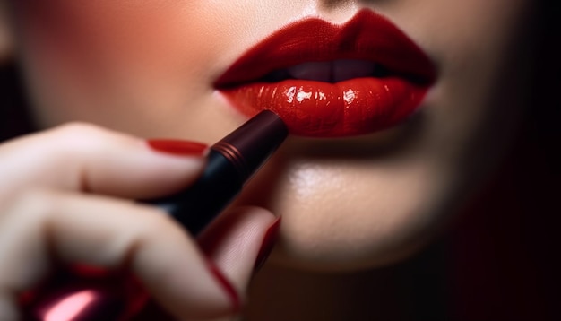 Beautiful woman applies lipstick with elegance and sensuality in studio generated by AI