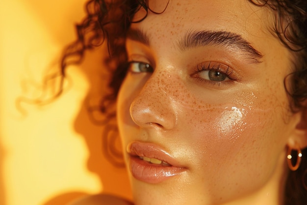 Beautiful woman applying Vitamin C Serum in a soft yellow background lifestyle portrait showcasing skincare routine fashion portrait