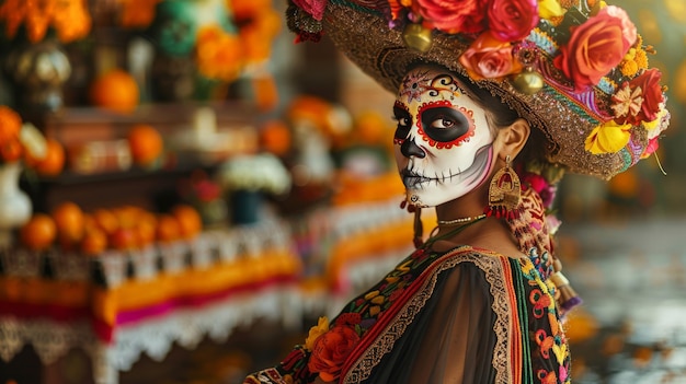 Beautiful woman as La Catrina in traditional Dia de los Muertos attire