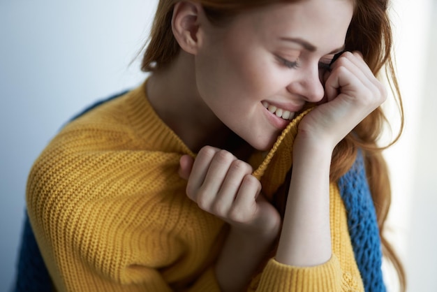 Beautiful woman attractive look with a blue plaid dreamy look